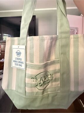 Trader Joe's green striped mini canvas tote bag